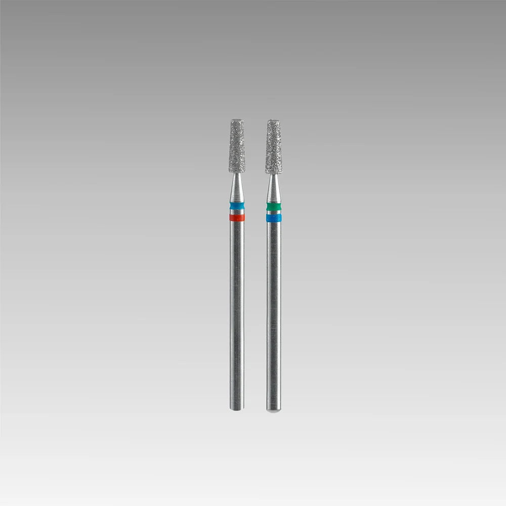 Two STALEKS PRO Diamond Nail Drill Bit DUO Cone EXPERT bits (2.5mm head/8mm working part) stand upright with red and blue-green bands, ideal for manicure or pedicure; diamond tips shown against a gray gradient background. Brand: Staleks.