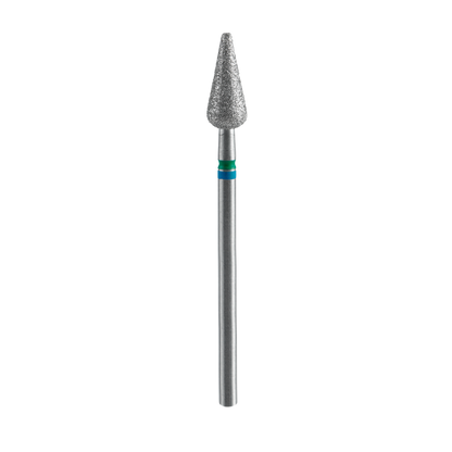 A close-up of the Staleks STALEKS PRO Diamond Nail Drill Bit DUO Pointed Pear Blue-Green EXPERT, featuring a 5 mm diameter, 12 mm working part, diamond-coated conical tip, and smooth handle, isolated on a black background.