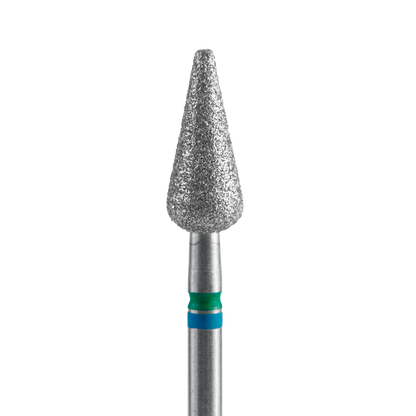 A close-up of the Staleks STALEKS PRO Diamond Nail Drill Bit DUO Pointed Pear Blue-Green EXPERT, featuring a 5mm head and 12mm working part, with a conical diamond-coated tip and blue-green bands against a black background.