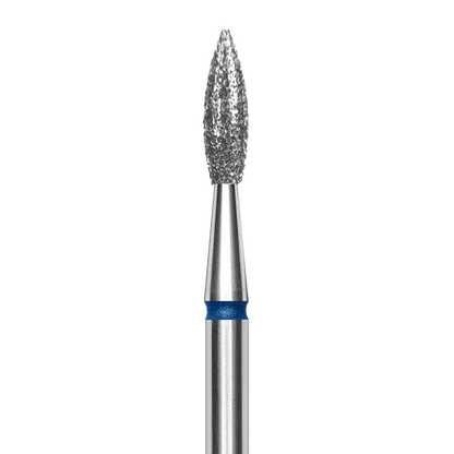 A close-up of the Staleks STALEKS PRO Diamond Nail Drill Bit Pointed (Flame), EXPERT, with a 2.3 mm head and 8 mm working part, featuring a textured tip and blue band handle, displayed against a black background.