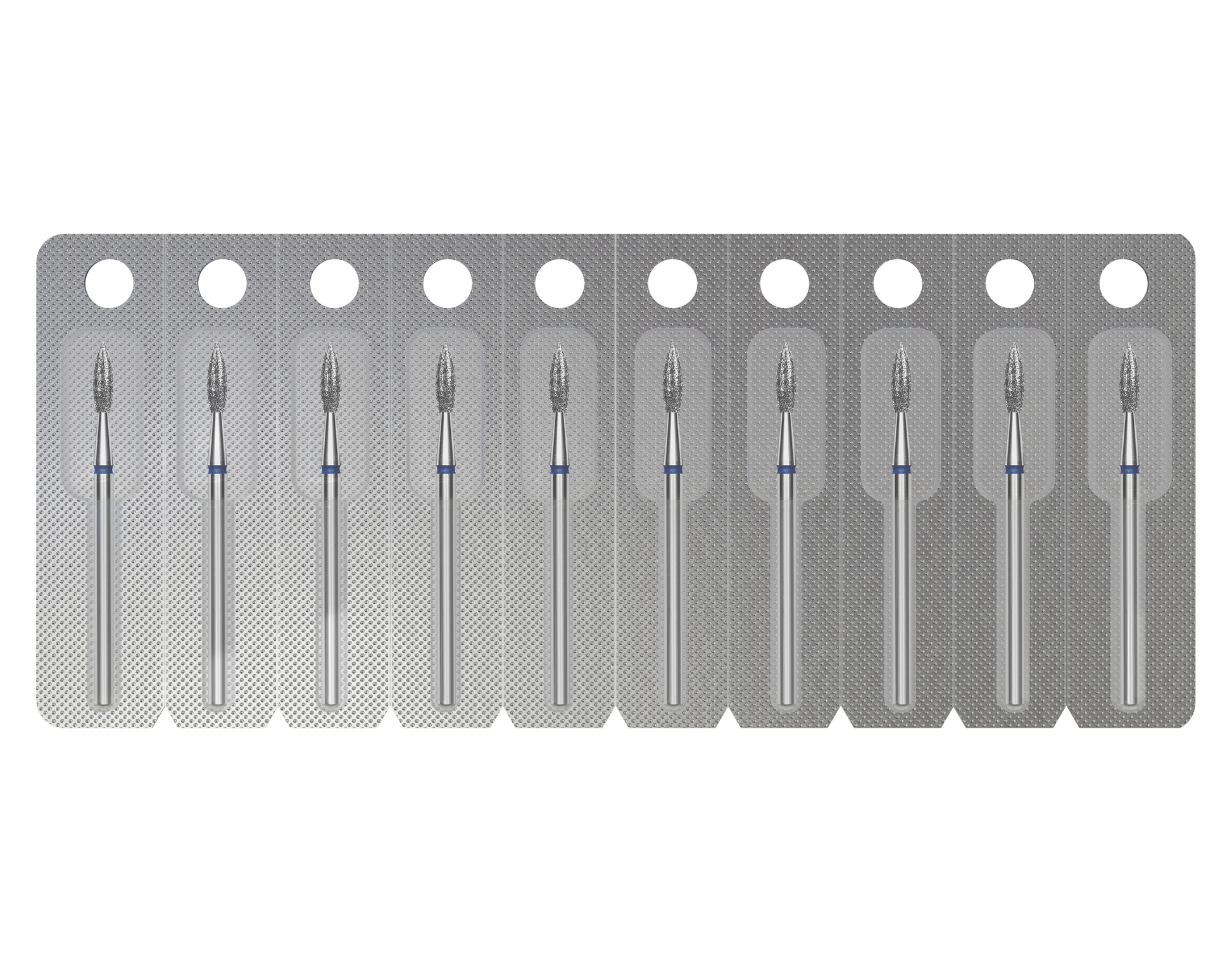 The STALEKS PRO Diamond Nail Drill Bit Pointed (Flame) EXPERT, head diameter 2.3 mm, working part 8 mm, comes in a blister pack of ten individually sealed, sterilization-resistant bits with clear compartments and metallic backing.