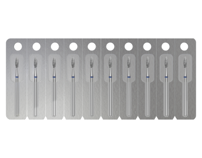 The STALEKS PRO Diamond Nail Drill Bit Pointed (Flame) EXPERT, head diameter 2.3 mm, working part 8 mm, comes in a blister pack of ten individually sealed, sterilization-resistant bits with clear compartments and metallic backing.