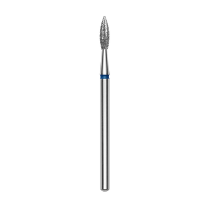 The STALEKS PRO Diamond Nail Drill Bit Pointed (Flame) by Staleks features a 2.3 mm head and 8 mm working part, with a sterilization-resistant design and a tapered diamond-coated tip, shown against a black background.