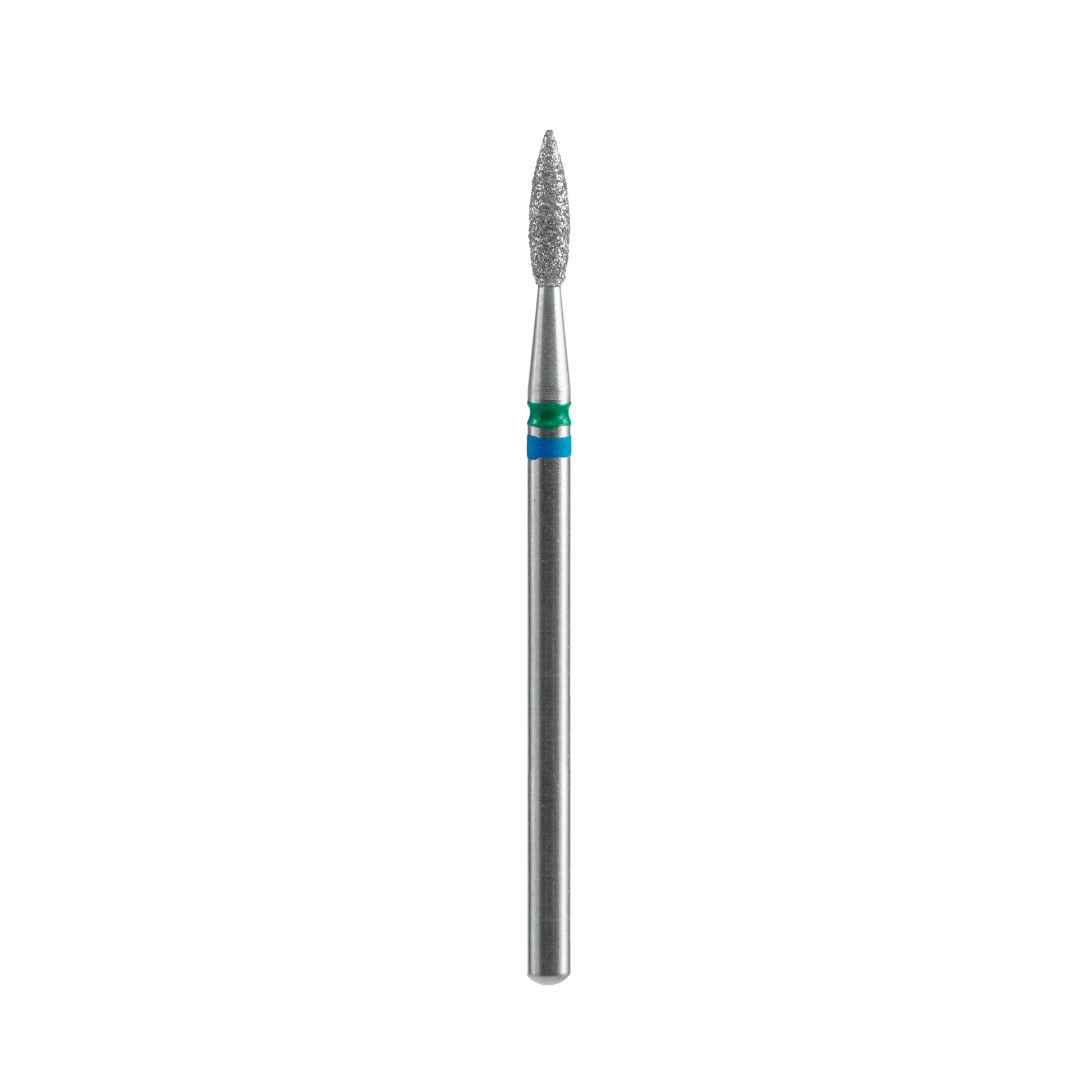 The Staleks STALEKS PRO Diamond Nail Drill Bit DUO Flame Blue-Green EXPERT (2.1 mm head, 8 mm working part) is shown on a white background, featuring a pointed, textured tip and smooth cylindrical handle for precise shaping and grinding.