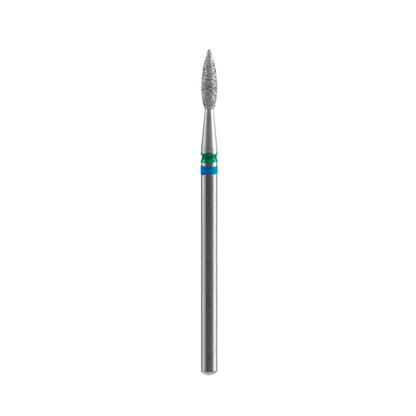 The Staleks STALEKS PRO Diamond Nail Drill Bit DUO Flame Blue-Green EXPERT (2.1 mm head, 8 mm working part) is shown on a white background, featuring a pointed, textured tip and smooth cylindrical handle for precise shaping and grinding.