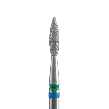A close-up of the Staleks PRO Diamond Nail Drill Bit DUO Flame Blue-Green EXPERT, featuring a 2.1 mm head, 8 mm working part, metallic handle, diamond coating, and distinctive blue-green bands against a black background.