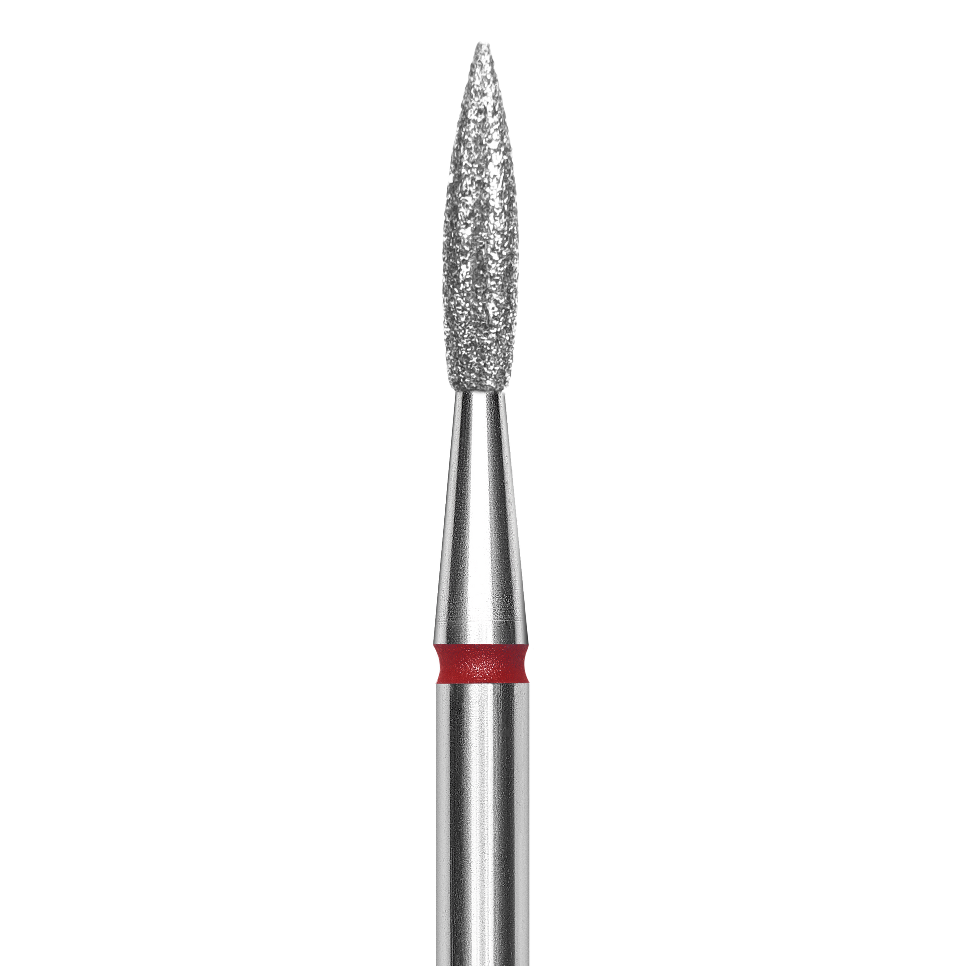 A close-up of the Staleks STALEKS PRO Diamond Nail Drill Bit Pointed "Flame" (1.8 mm head, 8 mm working part), silver with a red band, ideal for mani/pedi and easy sterilization, set against a black background.