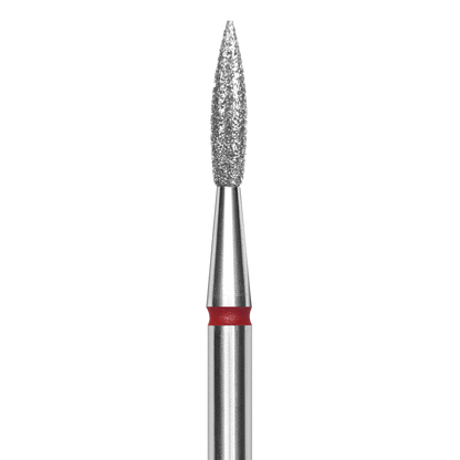 A close-up of the Staleks STALEKS PRO Diamond Nail Drill Bit Pointed "Flame" (1.8 mm head, 8 mm working part), silver with a red band, ideal for mani/pedi and easy sterilization, set against a black background.