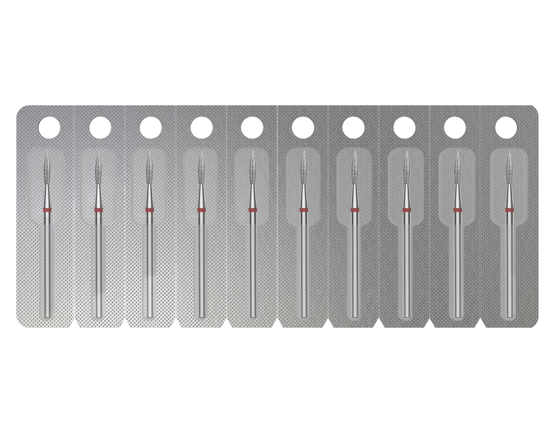 A STALEKS PRO Diamond Nail Drill Bit Pointed "Flame" by Staleks features a 1.8 mm head diameter and 8 mm working part, individually packed to ensure sterilization and safety, with each bit clearly visible for professional use.