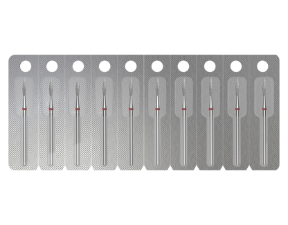 A STALEKS PRO Diamond Nail Drill Bit Pointed "Flame" by Staleks features a 1.8 mm head diameter and 8 mm working part, individually packed to ensure sterilization and safety, with each bit clearly visible for professional use.