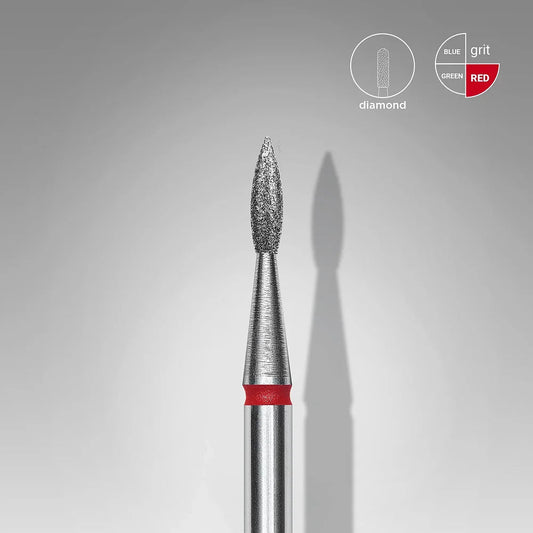 A close-up of the Staleks STALEKS PRO Diamond Nail Drill Bit Pointed (Flame) EXPERT 2.3mm/8mm, showing its fine grit red ring near the base. The background is light gray with a subtle shadow and a grit color chart in the top right corner.