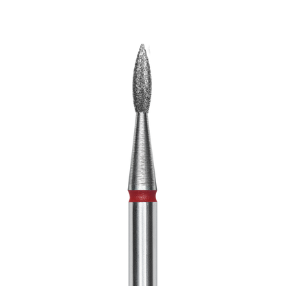 A close-up of the STALEKS PRO Diamond Nail Drill Bit Pointed (Flame) by Staleks, 2.3 mm head diameter and 8 mm working part, features a textured abrasive tip and red band, ideal for hardware manicures against a black background.