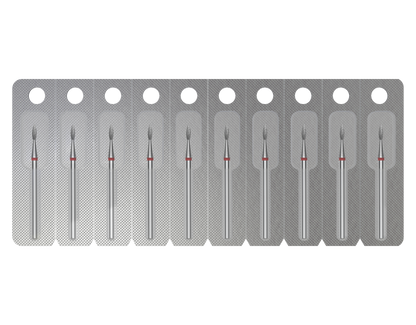 A Staleks STALEKS PRO Diamond Nail Drill Bit Pointed (Flame), EXPERT, 2.3 mm head diameter and 8 mm working part, displayed horizontally against a black background.