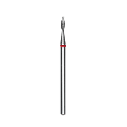 The Staleks PRO Diamond Nail Drill Bit Pointed (Flame), head diameter 2.3 mm, working part 8 mm, features a silver cylindrical design with a diamond-textured nozzle and red band—perfect for hardware manicure and sterilization-resistant.
