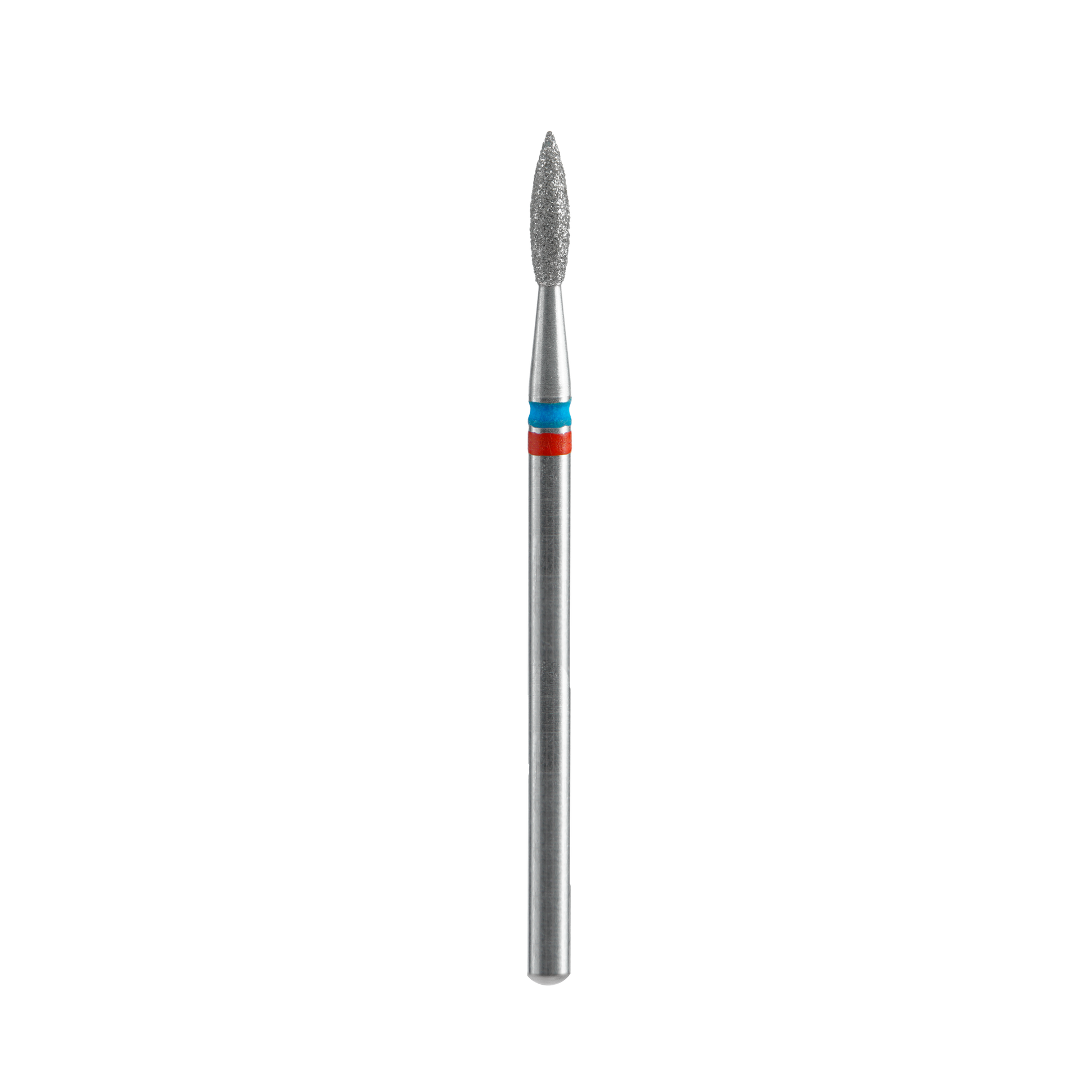 The Staleks PRO Diamond Nail Drill Bit DUO Flame Red-Blue EXPERT features a 2.1 mm head diameter, 8 mm working part, elongated flame-shaped diamond-coated tip, and blue/red bands, isolated on a black background.