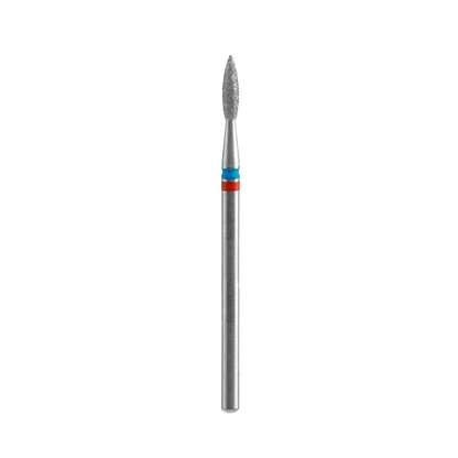 The Staleks PRO Diamond Nail Drill Bit DUO Flame Red-Blue EXPERT features a 2.1 mm head diameter, 8 mm working part, elongated flame-shaped diamond-coated tip, and blue/red bands, isolated on a black background.