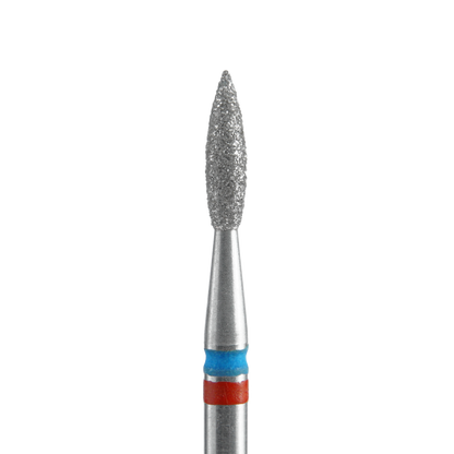 A close-up of the STALEKS PRO Diamond Nail Drill Bit DUO Flame Red-Blue EXPERT, featuring a 2.1 mm flame-shaped diamond tip, smooth metal shank, and blue and red rings near the base, set against a black background. Brand: Staleks.