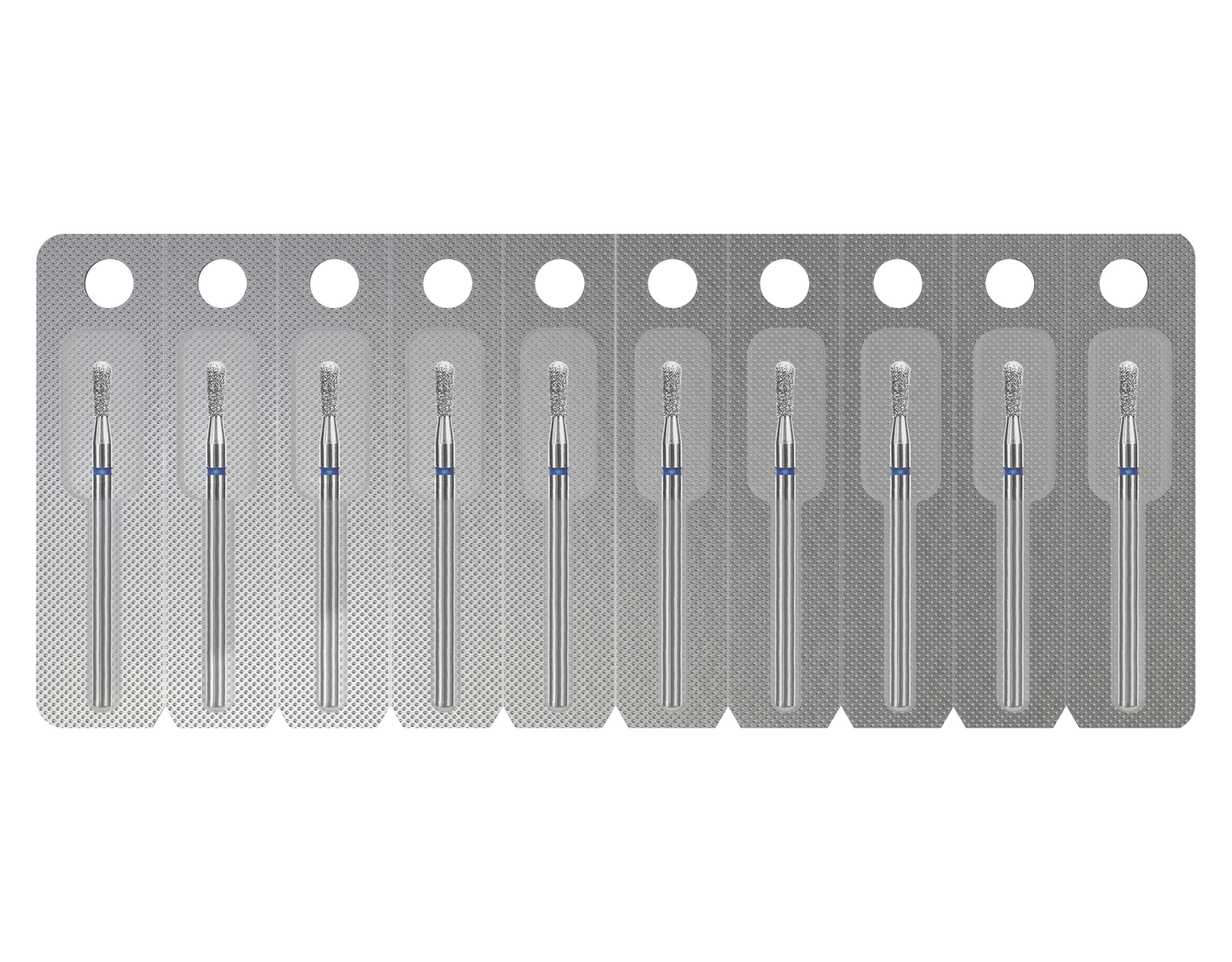 A blister pack of ten individually sealed Staleks PRO Diamond Nail Drill Bits (EXPERT, 2.3 mm head, 5 mm working part), arranged in a horizontal row on a silver background—ideal for use with professional manicure tools.