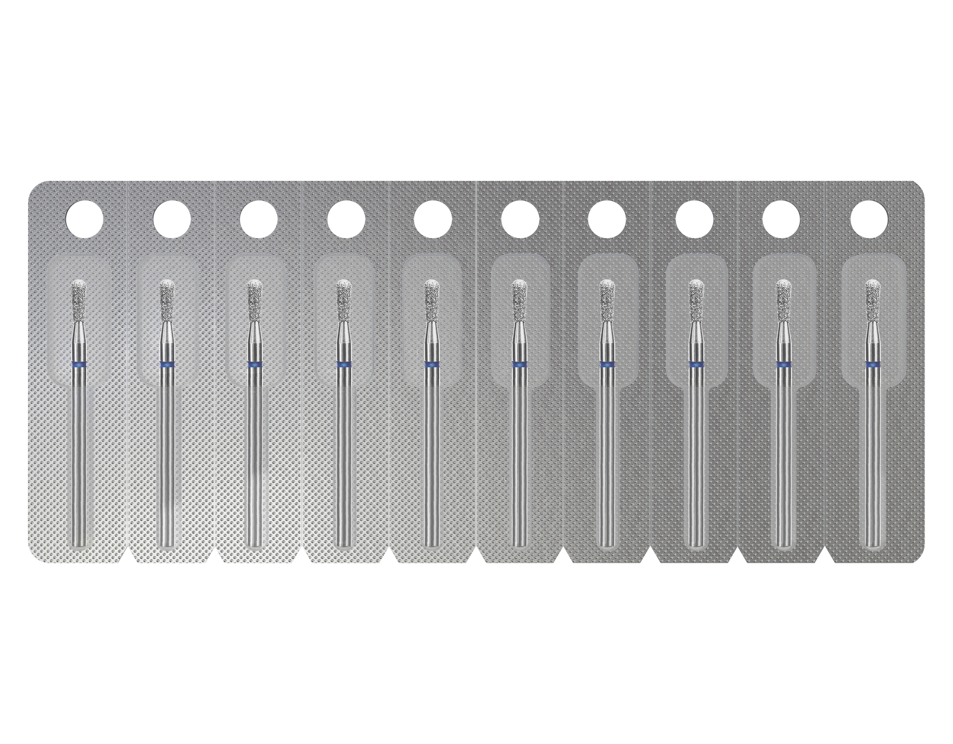 A blister pack of ten individually sealed Staleks PRO Diamond Nail Drill Bits (EXPERT, 2.3 mm head, 5 mm working part), arranged in a horizontal row on a silver background—ideal for use with professional manicure tools.