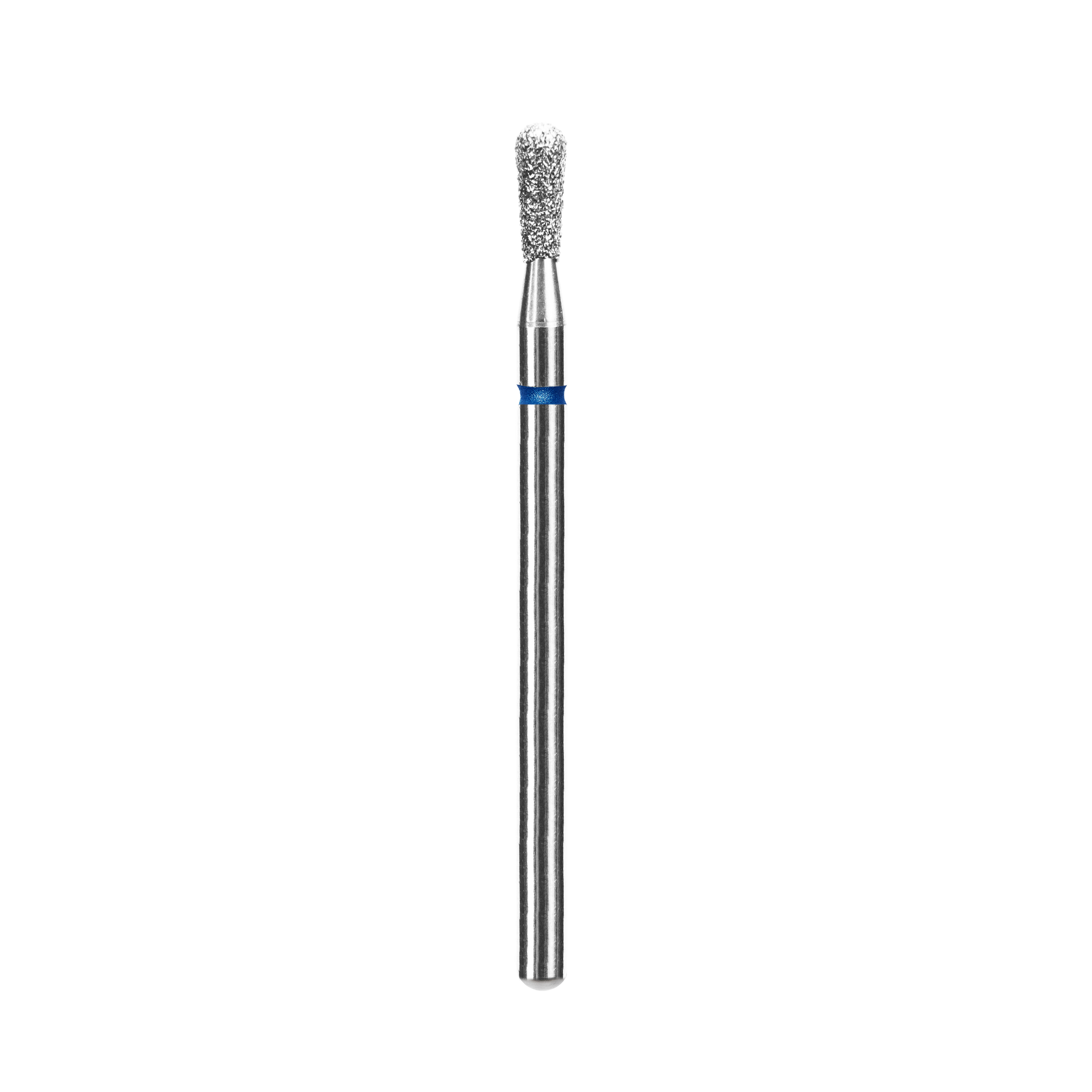 The STALEKS PRO Diamond Nail Drill Bit by Staleks, with a 2.3 mm diameter and 5 mm working part, features a textured, rounded diamond-coated tip and blue band, shown against a solid black background.