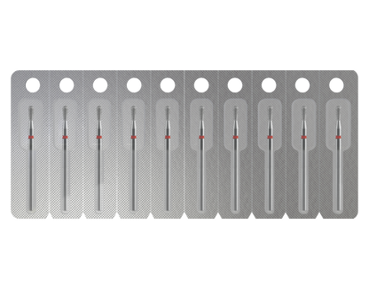 A row of ten individually sealed STALEKS PRO Diamond Nail Drill Bits (Match) EXPERT, 2.3 mm head, 5 mm working part, by Staleks, in silver blister packaging, arranged side by side against a transparent background.