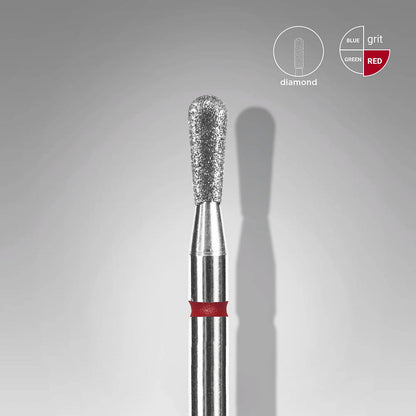 The STALEKS PRO Diamond Nail Drill Bit (Match) EXPERT, 2.3 mm head/5 mm working part, features a fine grit red band and durable diamond coating—ideal for manicure. A gray background shows blue, green, and red grit levels by Staleks.