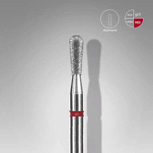 The STALEKS PRO Diamond Nail Drill Bit (Match) EXPERT, 2.3 mm head/5 mm working part, features a fine grit red band and durable diamond coating—ideal for manicure. A gray background shows blue, green, and red grit levels by Staleks.