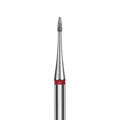 The STALEKS PRO Diamond Nail Drill Bit Flame Mini Red (1mm head, 3mm working part) by Staleks features a textured, diamond-coated tip for gentle abrasiveness and a red mark near the top, shown close-up against a black background.