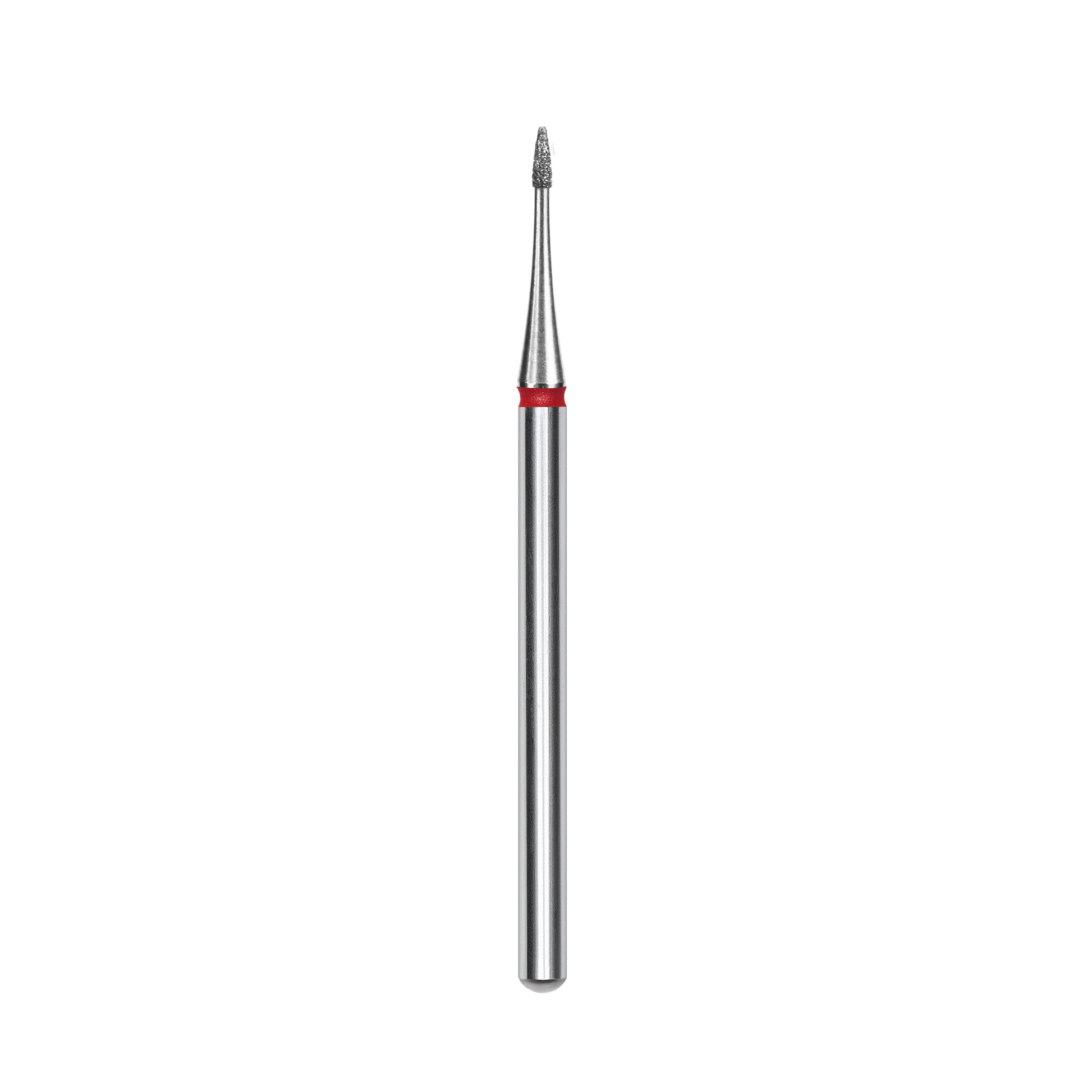 The STALEKS PRO Diamond Nail Drill Bit Flame Mini Red (1 mm head, 3 mm working part) from Staleks, featuring a red stripe and soft abrasiveness, is shown vertically against a black background.