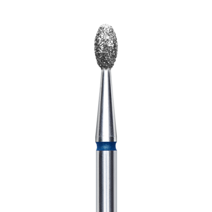 The STALEKS PRO Diamond Nail Drill Bit Olive EXPERT by Staleks features a 2.5 mm head and 5 mm working part with an oval, diamond-textured tip—ideal for precision hardware manicures, shown close-up against a plain black background.
