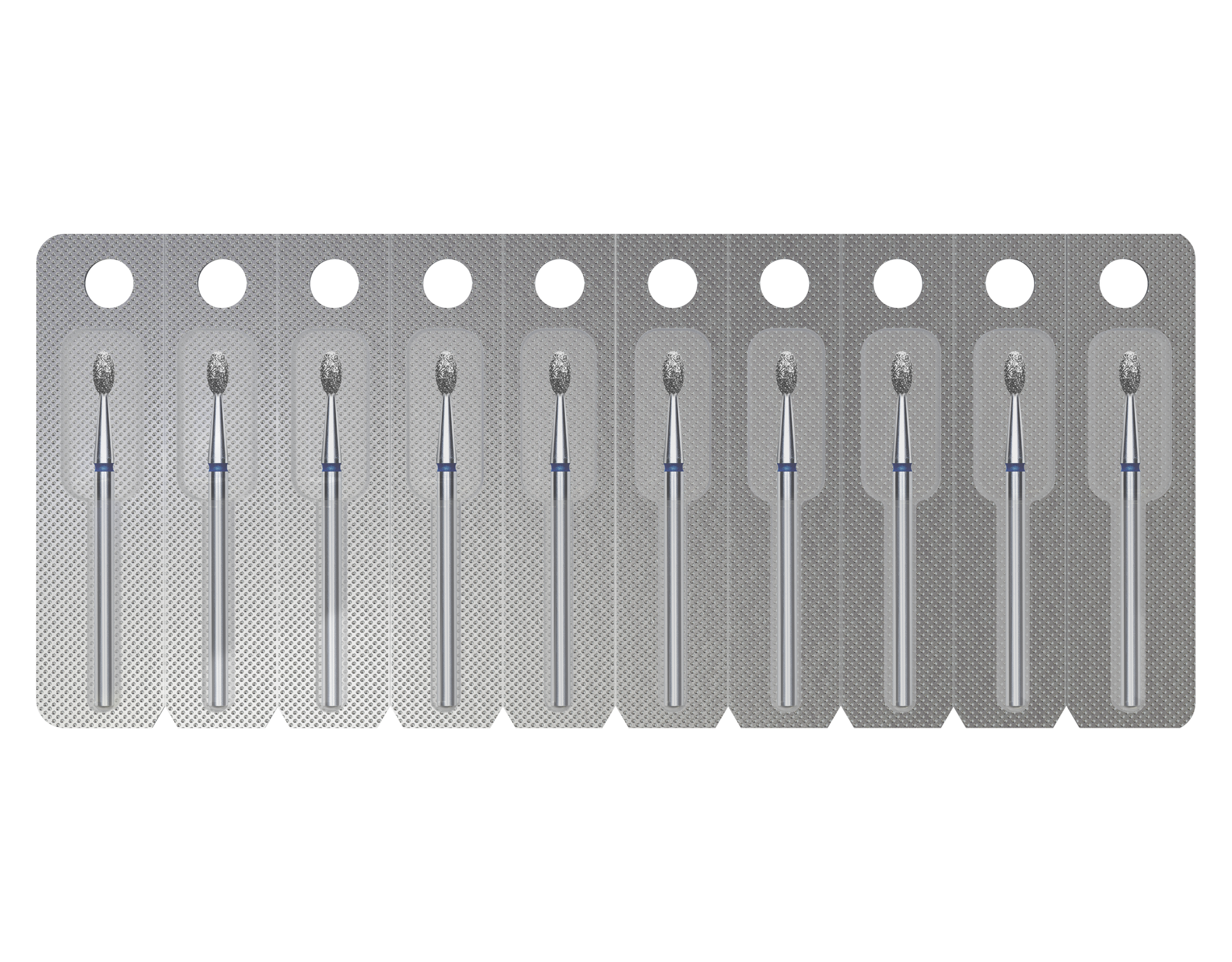A strip of ten individually sealed Staleks PRO Diamond Nail Drill Bits (Olive EXPERT, 2.5 mm head/5 mm working part), each in plastic and foil blister packs for easy sterilization, ideal for manicures, arranged neatly in a row.