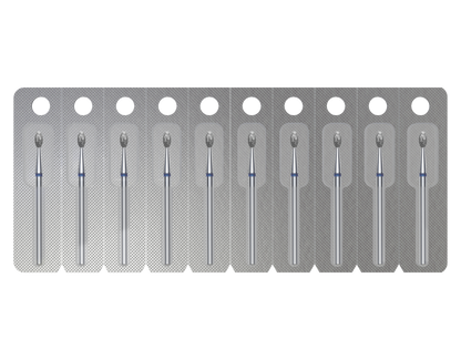 A strip of ten individually sealed Staleks PRO Diamond Nail Drill Bits (Olive EXPERT, 2.5 mm head/5 mm working part), each in plastic and foil blister packs for easy sterilization, ideal for manicures, arranged neatly in a row.