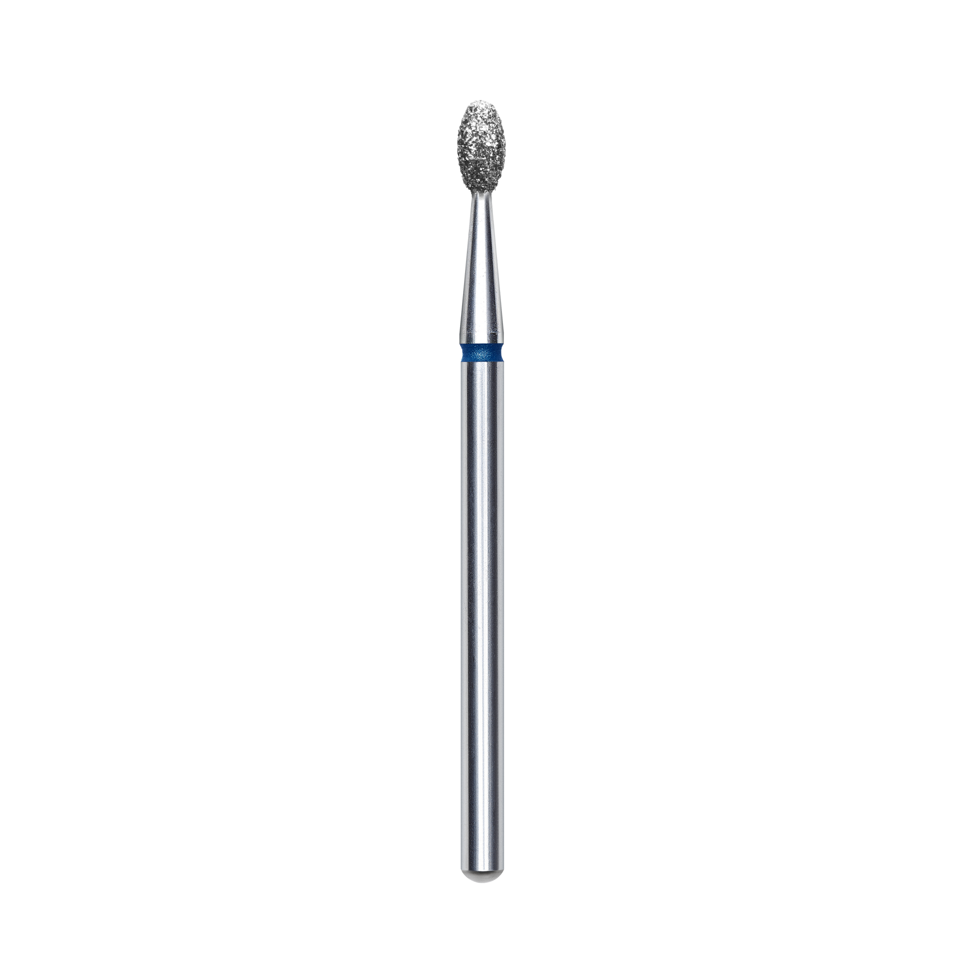 The Staleks PRO Diamond Nail Drill Bit Olive EXPERT features a 2.5 mm head and 5 mm working part, with a textured, oval-shaped diamond tip and blue ring—ideal for hardware manicures and easy to sterilize.