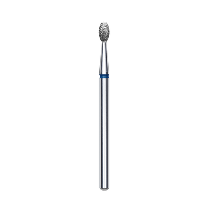 The Staleks PRO Diamond Nail Drill Bit Olive EXPERT features a 2.5 mm head and 5 mm working part, with a textured, oval-shaped diamond tip and blue ring—ideal for hardware manicures and easy to sterilize.