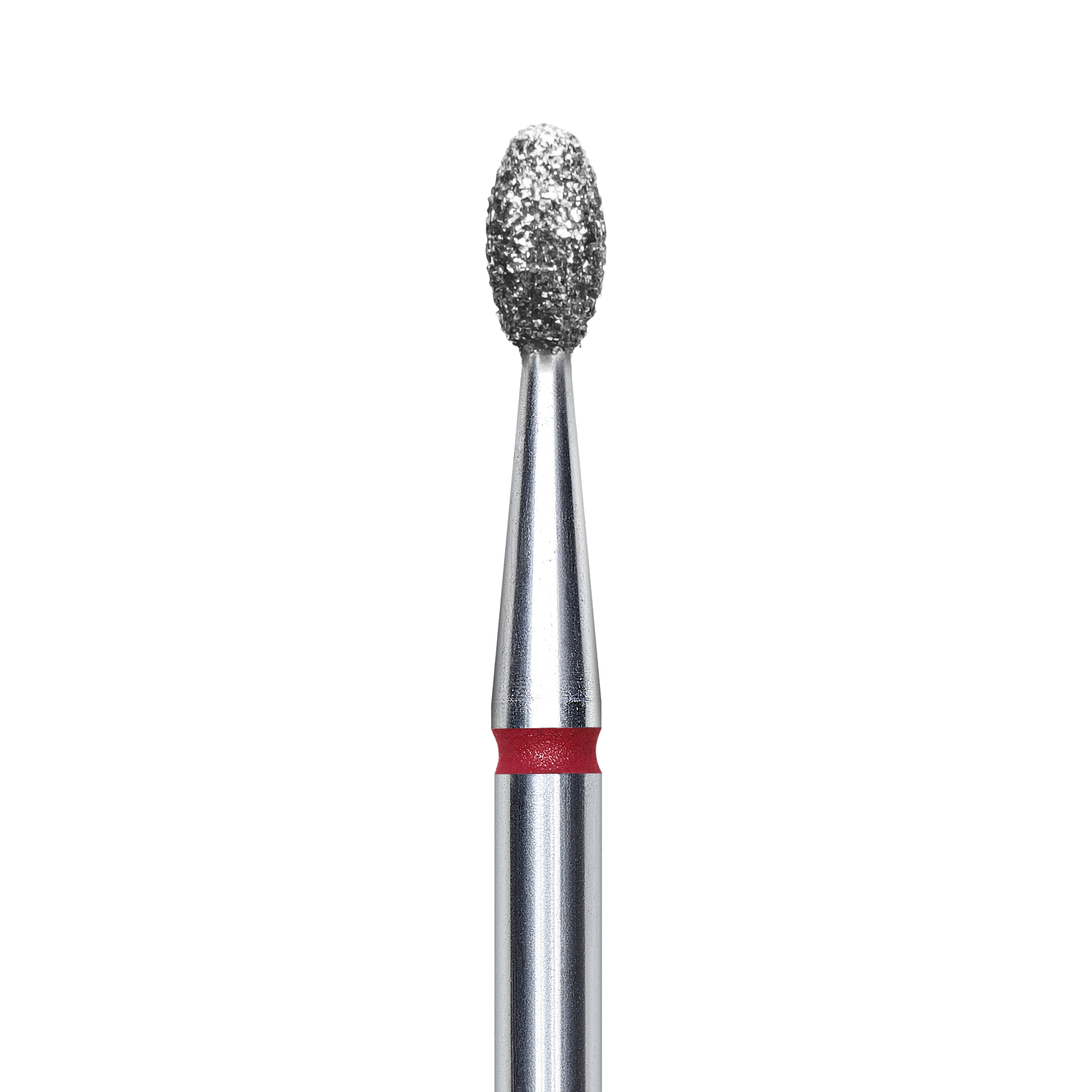 A close-up of the Staleks STALEKS PRO Diamond Nail Drill Bit Olive EXPERT (2.5 mm head, 5 mm working part) with a diamond nozzle and red band—ideal for hardware manicure and easy sterilization—set against a black background.