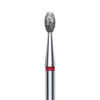 A close-up of the Staleks STALEKS PRO Diamond Nail Drill Bit Olive EXPERT (2.5 mm head, 5 mm working part) with a diamond nozzle and red band—ideal for hardware manicure and easy sterilization—set against a black background.