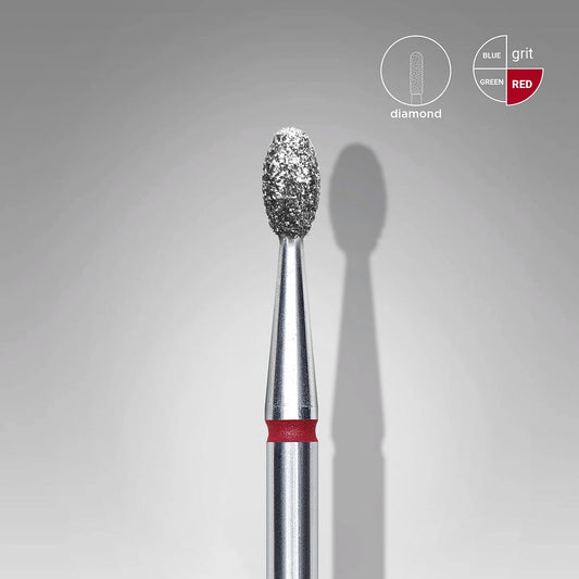 A close-up of the Staleks STALEKS PRO Diamond Nail Drill Bit Olive EXPERT (2.5 mm head, 5 mm working part), with a red band, stands upright on a gray background. Grit icons highlight red—ideal for hardware manicure and easy sterilization.