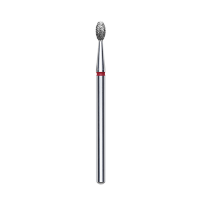 The STALEKS PRO Diamond Nail Drill Bit Olive EXPERT by Staleks features a silver, cylindrical body with a textured diamond nozzle, a red band near the top, 2.5 mm head diameter, and 5 mm working part—ideal for hardware manicure against a black background.