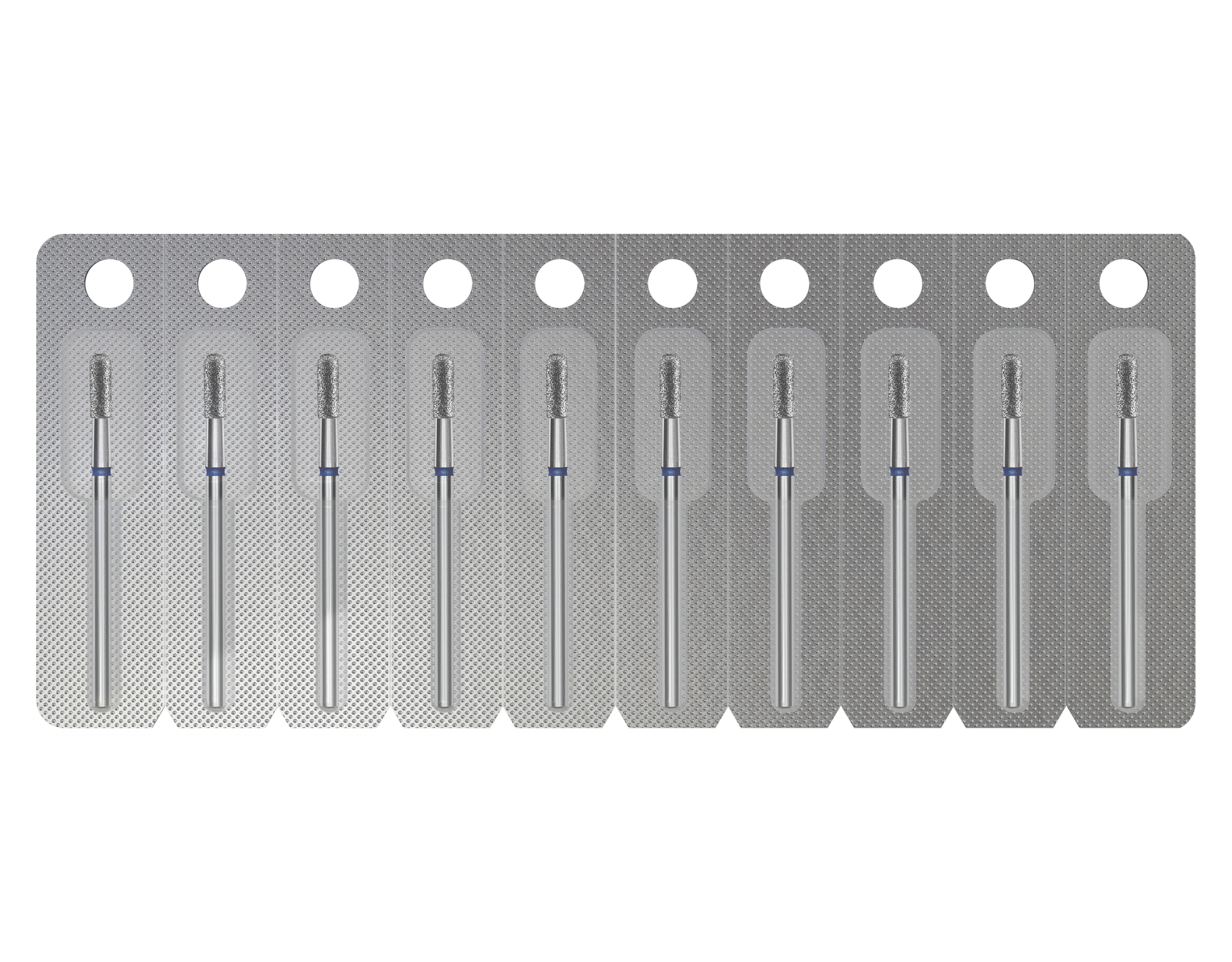 A silver blister pack contains ten STALEKS PRO Diamond Nail Drill Bits (Rounded Cylinder, 2.3 mm head/6.5 mm working part) by Staleks, each individually sealed and arranged neatly in a horizontal row.