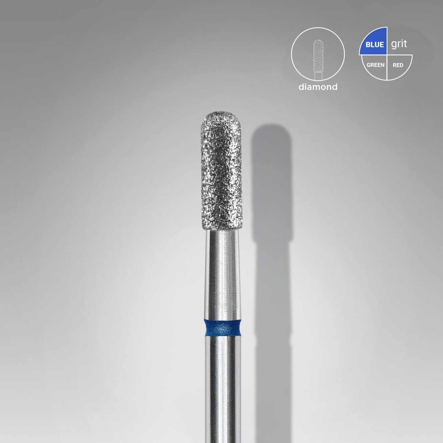 The STALEKS PRO Diamond Nail Drill Bit (Rounded Cylinder) by Staleks, with a 2.3 mm head and 6.5 mm working part, features a textured silver tip and blue band—ideal for hardware manicures and polishing—shown on gray with "diamond" and "blue grit" icons.