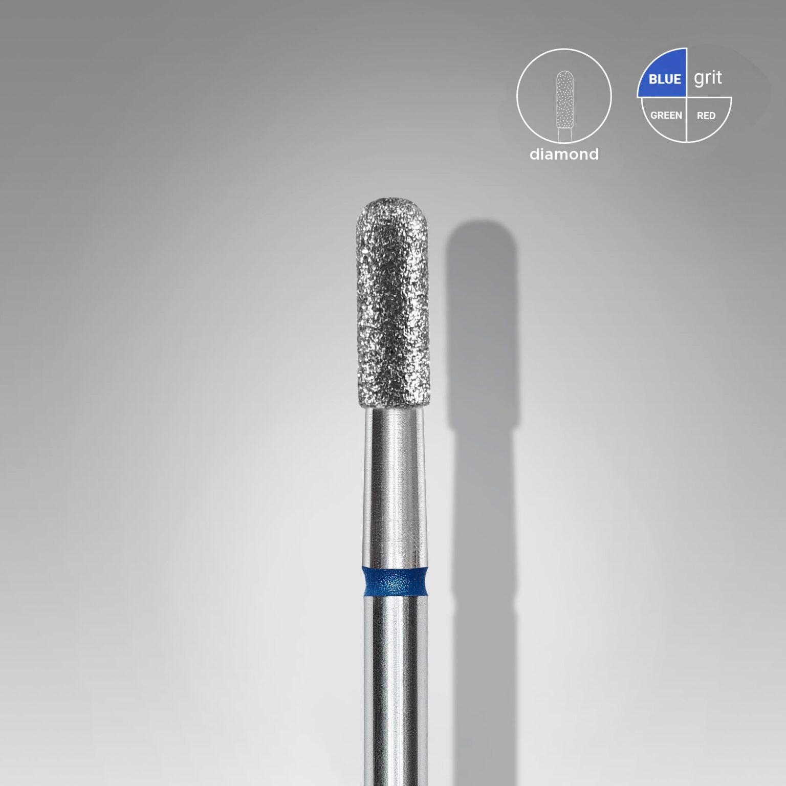 The STALEKS PRO Diamond Nail Drill Bit (Rounded Cylinder) by Staleks, with a 2.3 mm head and 6.5 mm working part, features a textured silver tip and blue band—ideal for hardware manicures and polishing—shown on gray with "diamond" and "blue grit" icons.