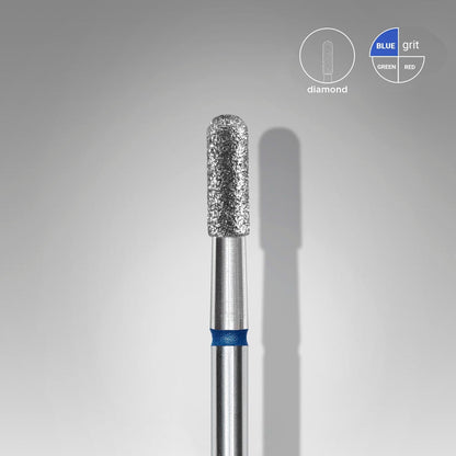 The STALEKS PRO Diamond Nail Drill Bit (Rounded Cylinder) by Staleks, with a 2.3 mm head and 6.5 mm working part, features a textured silver tip and blue band—ideal for hardware manicures and polishing—shown on gray with "diamond" and "blue grit" icons.