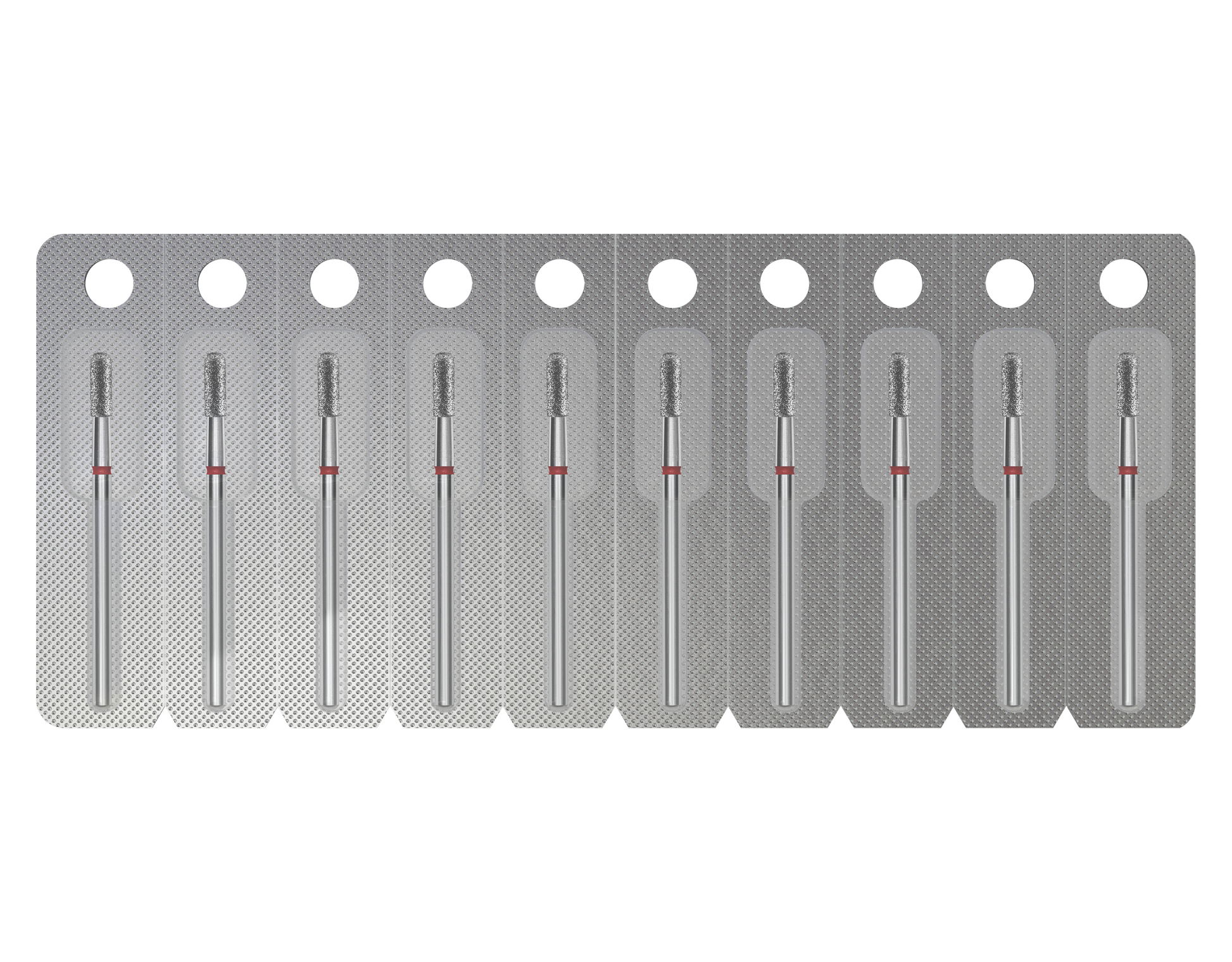 A blister pack of ten STALEKS PRO Diamond Nail Drill Bits (Rounded Cylinder, 2.3 mm head, 6.5 mm working part) by Staleks—individually sealed and aligned in textured silver packaging, perfect for polishing and hardware manicures.