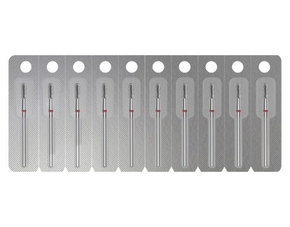 A blister pack of ten STALEKS PRO Diamond Nail Drill Bits (Rounded Cylinder, 2.3 mm head, 6.5 mm working part) by Staleks—individually sealed and aligned in textured silver packaging, perfect for polishing and hardware manicures.