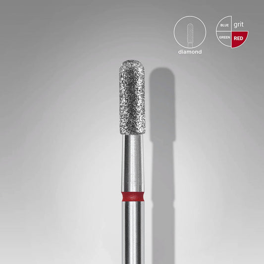 The STALEKS PRO Diamond Nail Drill Bit (Rounded Cylinder), 2.3 mm head/6.5 mm working part, features a silver handle and red band for fine grit—perfect for hardware manicures and polishing. Displayed on a light gray background. Brand: Staleks.