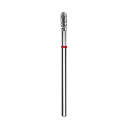 The STALEKS PRO Diamond Nail Drill Bit (Rounded Cylinder), by Staleks, features a 2.3 mm head and 6.5 mm working part with a red band—perfect for hardware manicures—shown here against a black background.