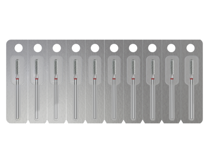 A blister pack displays ten individually sealed STALEKS PRO Diamond Nail Drill Bits (Rounded Cylinder, 2.5 mm head/10 mm working part) by Staleks, each with long handles and diamond-coated tips, arranged in one row against a white background.