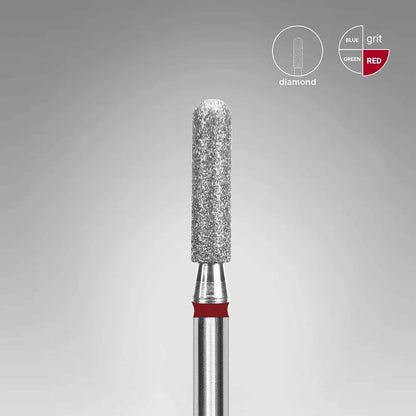 The STALEKS PRO Diamond Nail Drill Bit (Rounded Cylinder), 2.5 mm head, 10 mm working part, by Staleks features a durable diamond-coated silver grit surface and red ring—perfect for precise manicures/pedicures. Diamond grit and grit size icons shown.