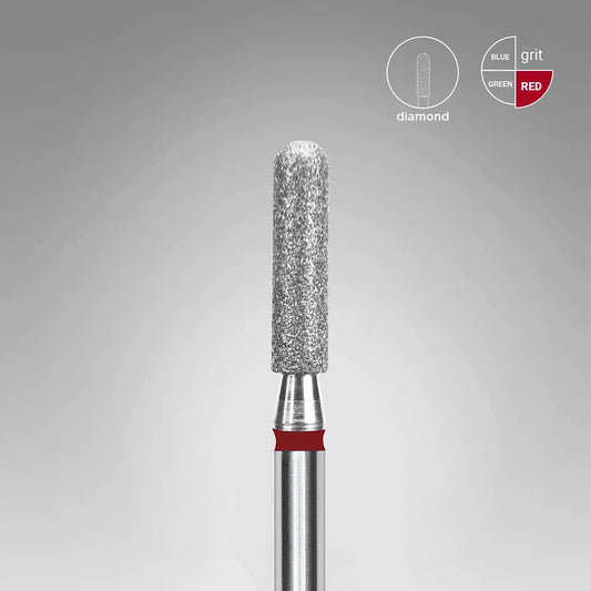 The STALEKS PRO Diamond Nail Drill Bit (Rounded Cylinder), 2.5 mm head, 10 mm working part, by Staleks features a durable diamond-coated silver grit surface and red ring—perfect for precise manicures/pedicures. Diamond grit and grit size icons shown.