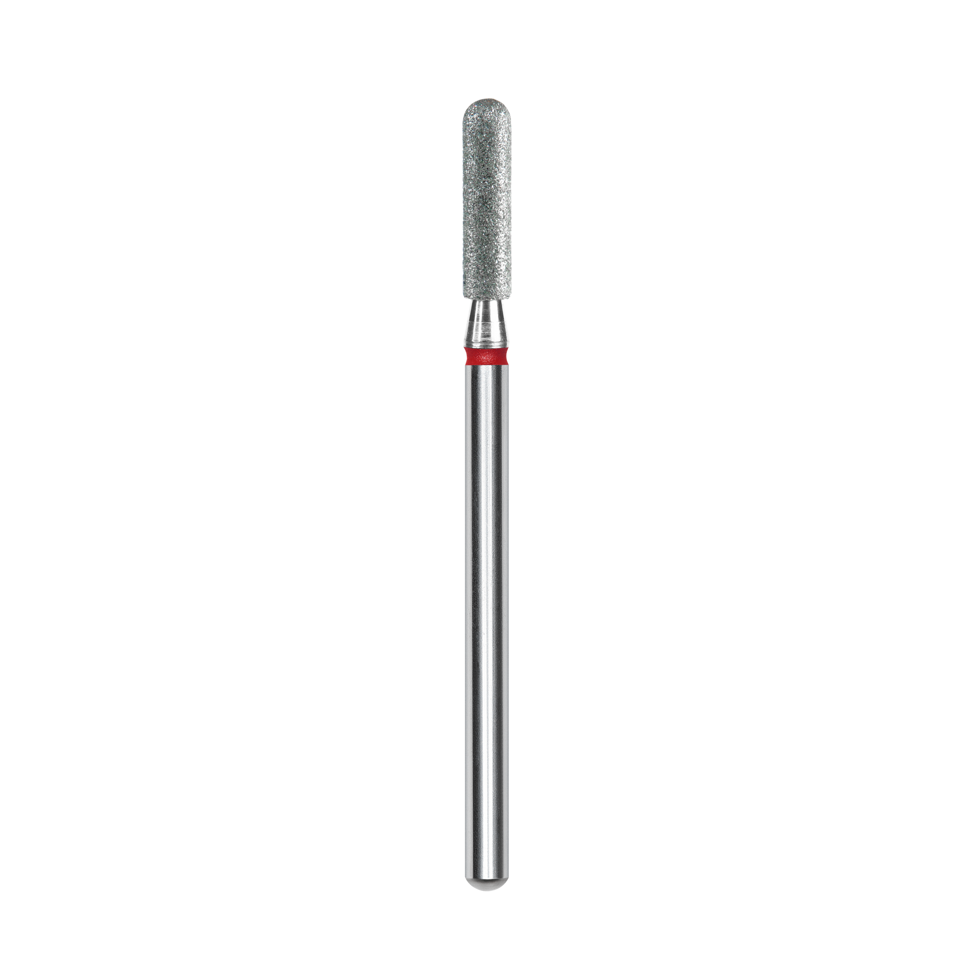 The STALEKS PRO Diamond Nail Drill Bit (Rounded Cylinder) by Staleks features a 2.5mm diameter, 10mm working part, metallic silver shaft, red ring at the base, and textured diamond coating—ideal for manicure/pedicure, shown on a black background.